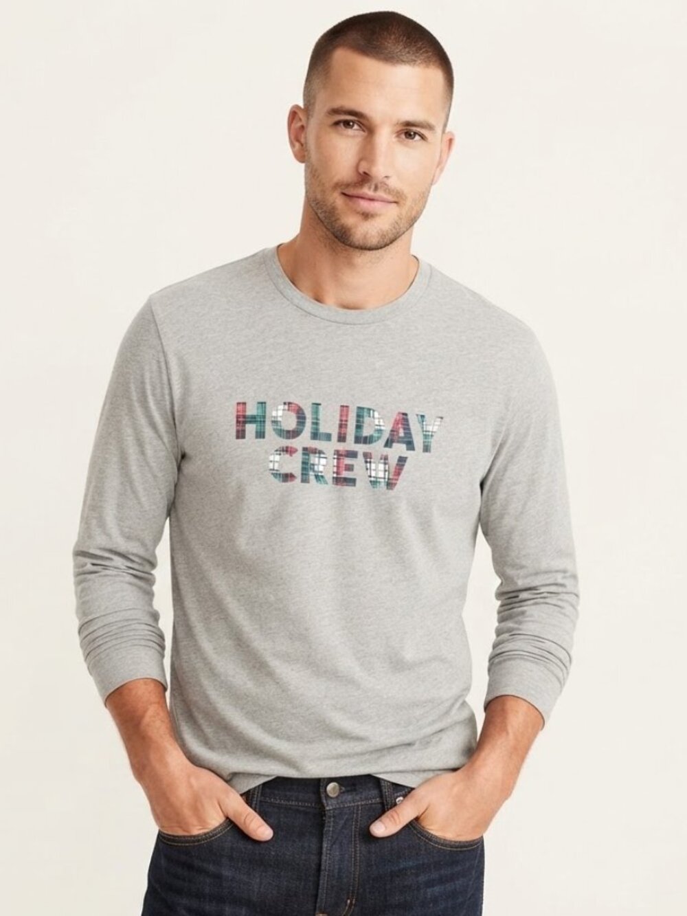 J. Crew Men's Holiday Crew Cotton Long Sleeve Graphic Tee Gray Size M NWT